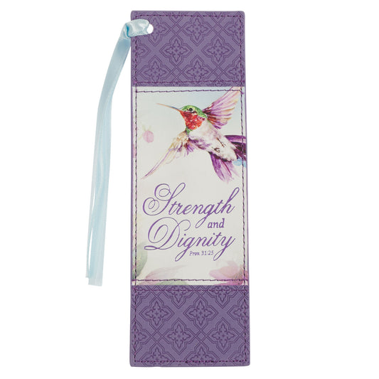 Bookmark-Strength And Dignity (Proverbs 31:25)-Hummingbird Purple Faux Leather