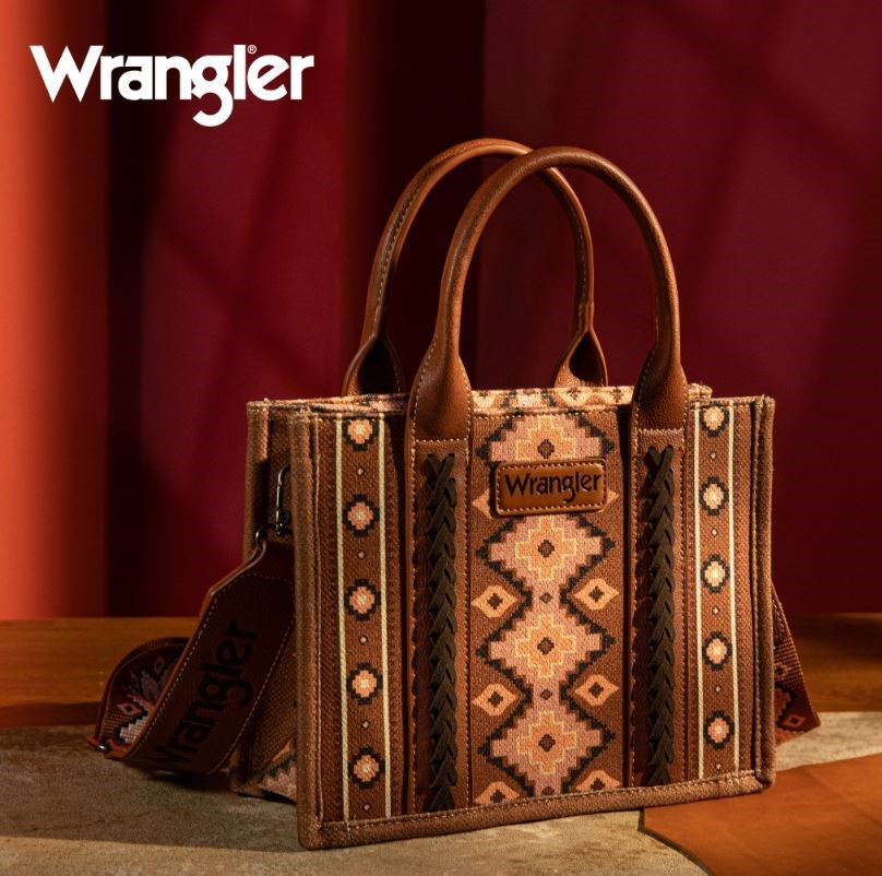 Wrangler Canvas Handbag/Bible Tote-Aztec-Dark Brown w/Removeable Strap